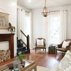 Faux Fireplace Is Focal Point in White Shabby Chic Living Room