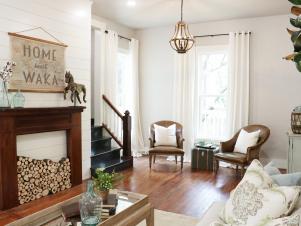 Faux Fireplace Is Focal Point in White Shabby Chic Living Room