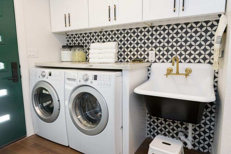 Gavin and Kate's finished laundry/mud room, features Moroccan Cement Tiles from Moroccan Mosaic and Tiles House, as seen on Property Brothers: Forever Home.