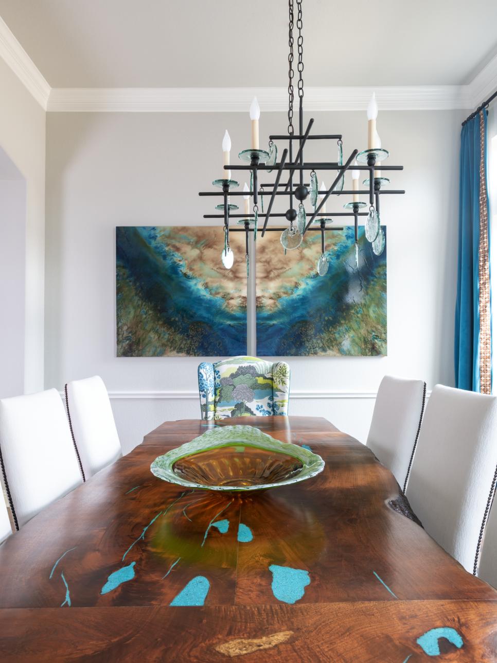 Live Edge Dining Table With Modern, Contemporary Chandelier For Dining Room