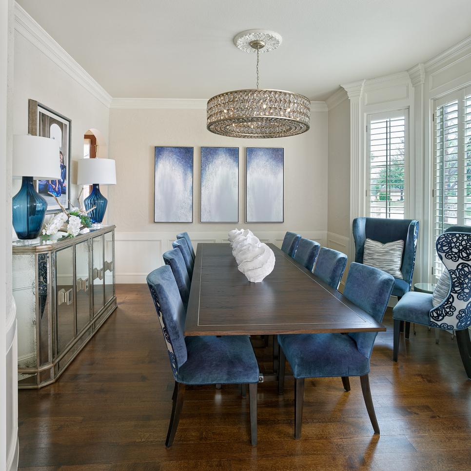 Formal Dining Room With Blue Velvet, Light Blue Chairs In Dining Room