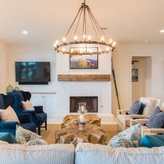 Calming Coastal Living Room With Tree Root Coffee Table