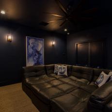Navy Blue Media Room With Large Leather Sectional