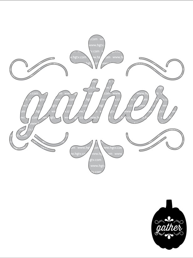 A downloadable pumpkin carving pattern with &quot;Gather&quot; written in an ornate, cursive font.