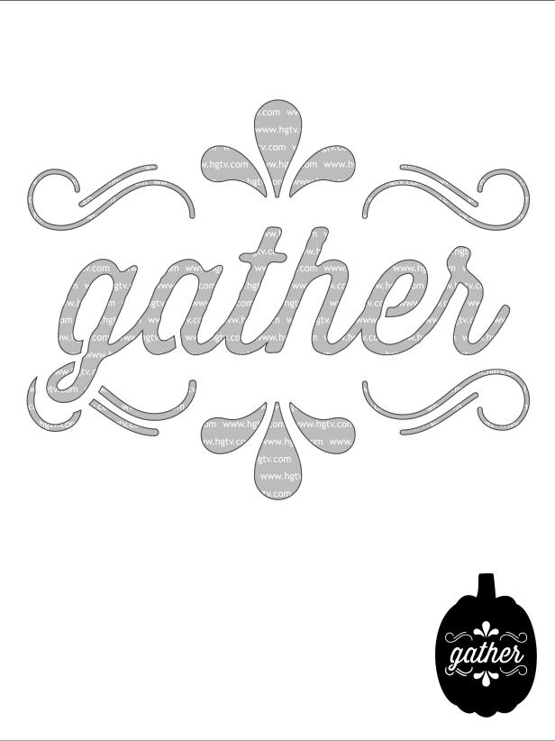 A downloadable pumpkin carving pattern with &quot;Gather&quot; written in an ornate, cursive font.