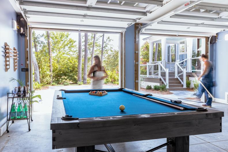 Pool Table With Weathered Wood Finish in Open Garage