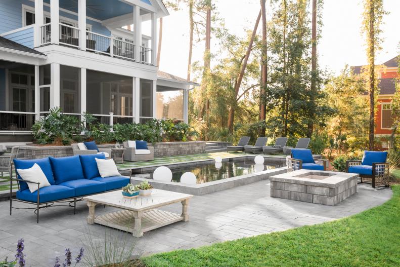 Blue Upholstered Seating Adds Fun Color to Backyard Patio