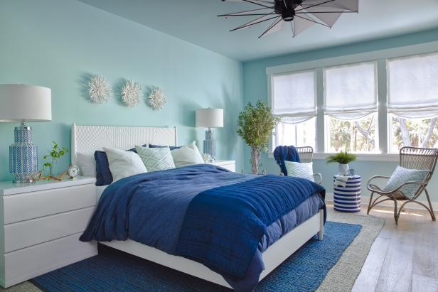 Blue Coastal-Style Bedroom With Blue and White Accents Throughout