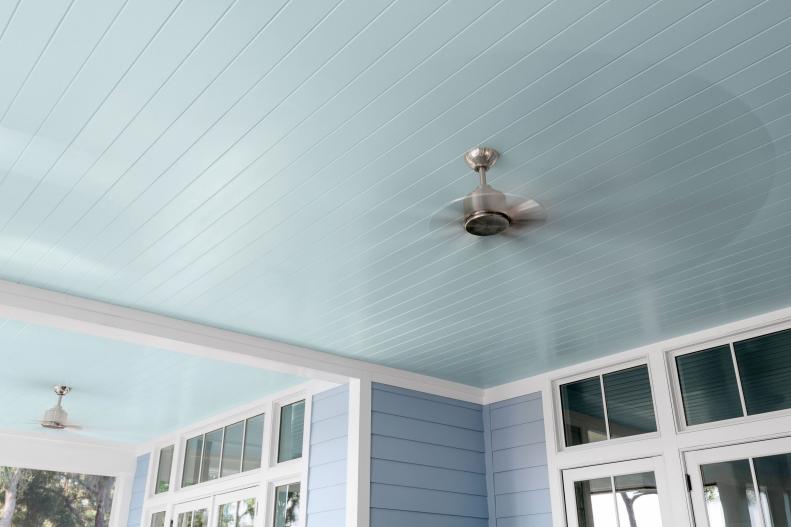 Ceiling Fan on Blue Wood Ceiling Cools Screened-In Porch