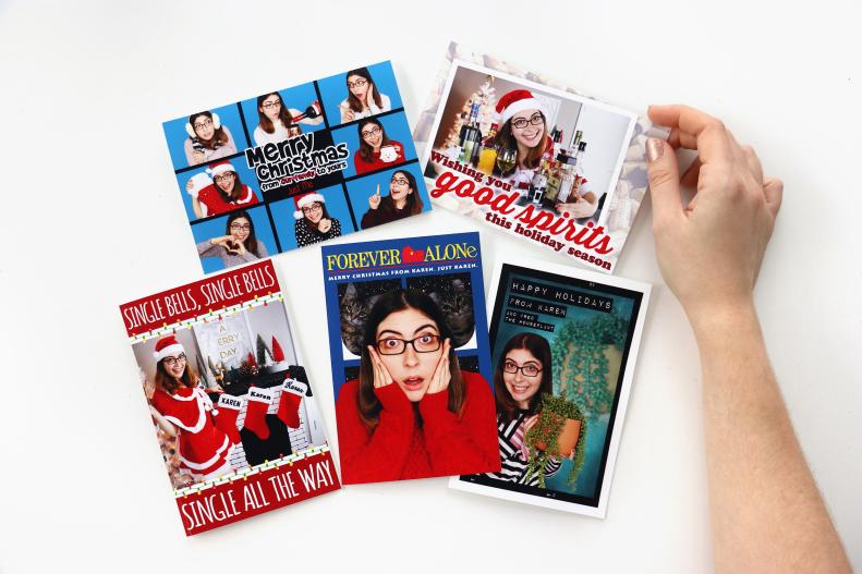 Five funny holiday cards for single people featuring Karen Kavett.