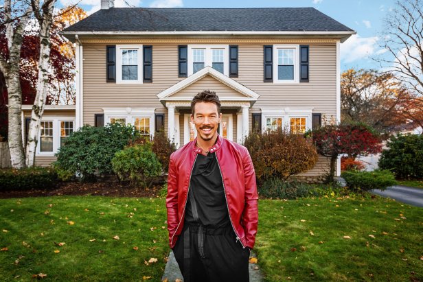 As seen on My Lottery Dream Home,  host David Bromstad  in front of the Salisbury Colonial house in Worcester Massachusetts. Portrait, Exterior.