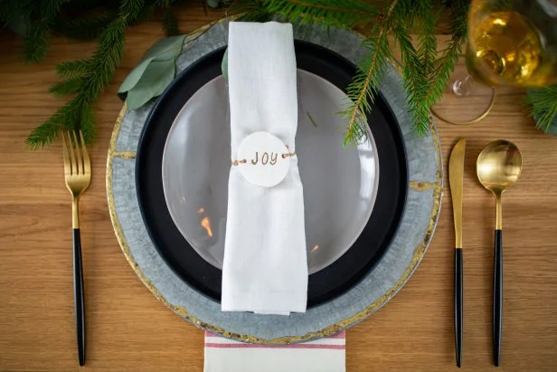 Christmas Tablescape With Dough Napkin Ring Holder That Says Joy