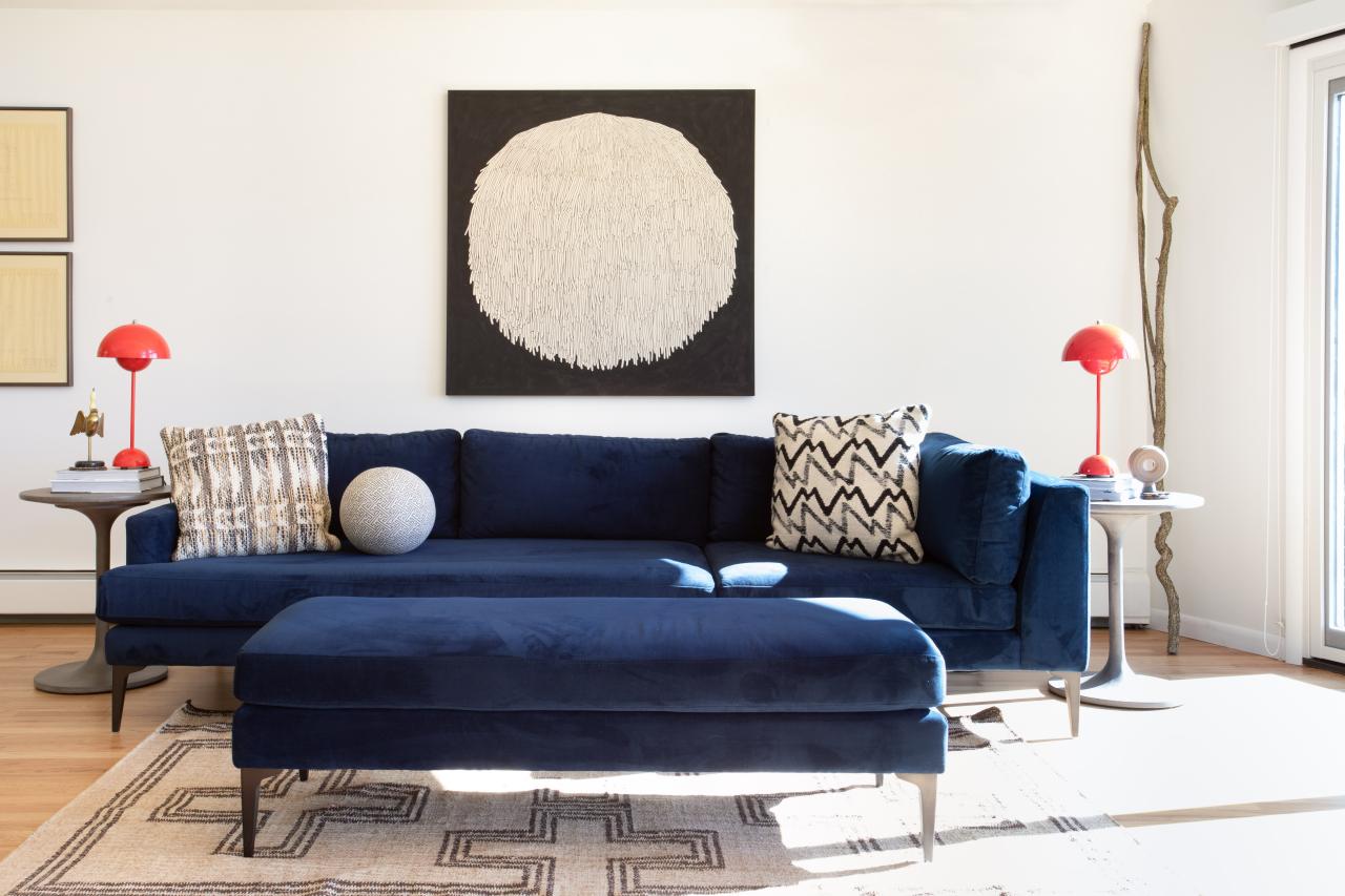 NEW Blue Velour MCM Style Dowel Leg Couch — Reinvent Modern