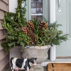 Farmhouse Christmas Urn Filled With Foraged Greenery