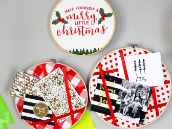 Three Embroidery Hoops With Photos and Cards Tucked Between Lines 