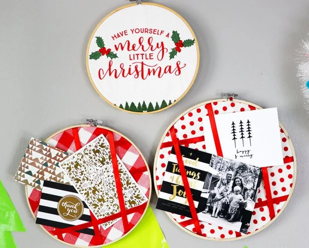 Three Embroidery Hoops With Photos and Cards Tucked Between Lines 