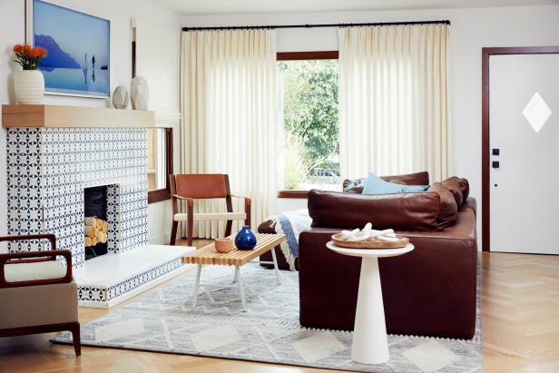 Contemporary Living Room With Blue Fireplace Hgtv