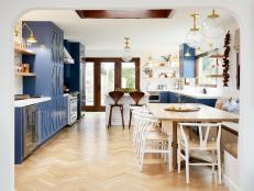 Contemporary Eat In Kitchen With Blue Cabinets