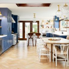 Contemporary Eat In Kitchen With Blue Cabinets