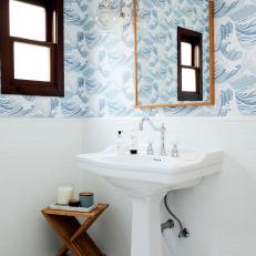 Blue Small Bathroom With Wave Wallpaper