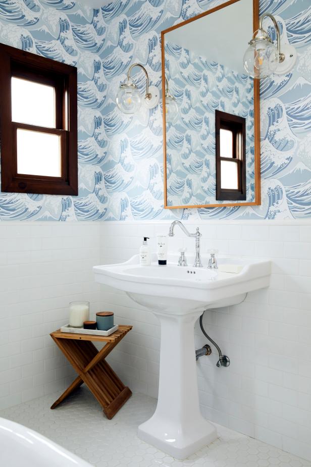 Blue Small Bathroom With Wave Wallpaper HGTV