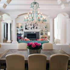 Dining Room With Blue Chandelier