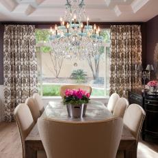 Brown Transitional Dining Room With Blue Chandelier