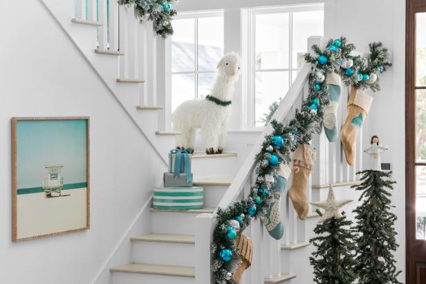 Stockings and Wrapped Presents Add Festive Flair to Staircase