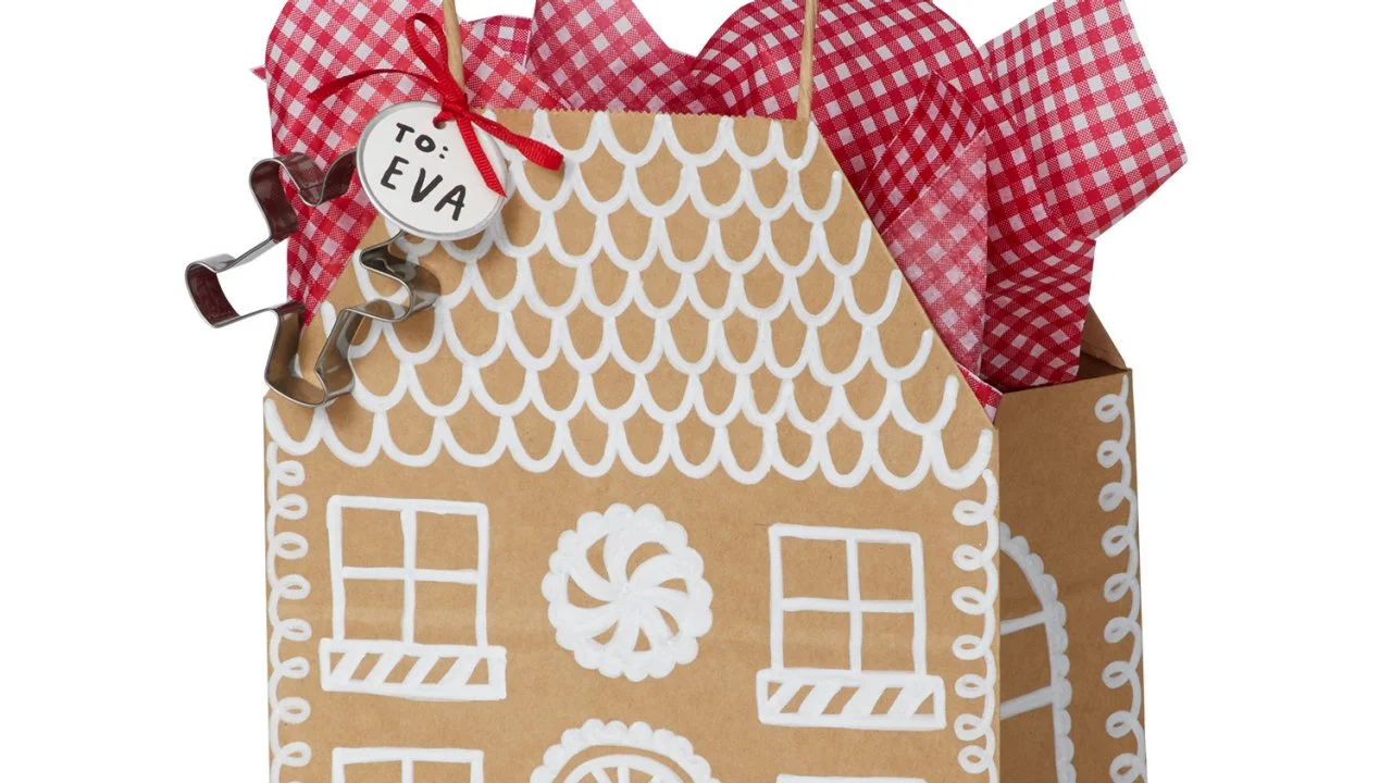Sachet Cadeau Papier Motif Gingerbread Cottage - Plusieurs Tailles - Neuf Sans Marque