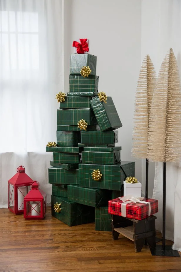A Christmas Tree Made Out of Green Wrapped Presents 