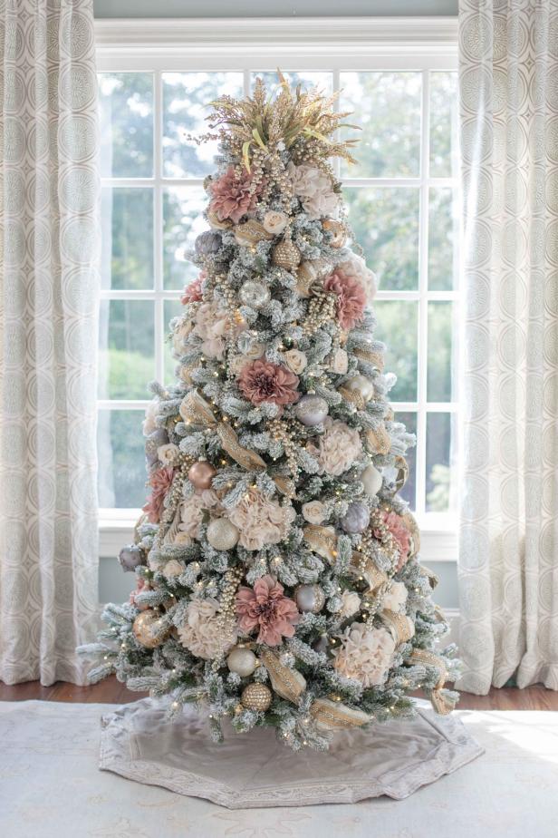 Pink Flocked Christmas Tree With Gold Ribbon | HGTV