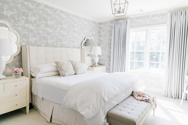 Gray Guest Bedroom With Wallpaper | HGTV