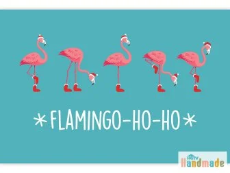 Christmas card with flamingos wearing Santa hats reads: Flamingo-Ho-Ho