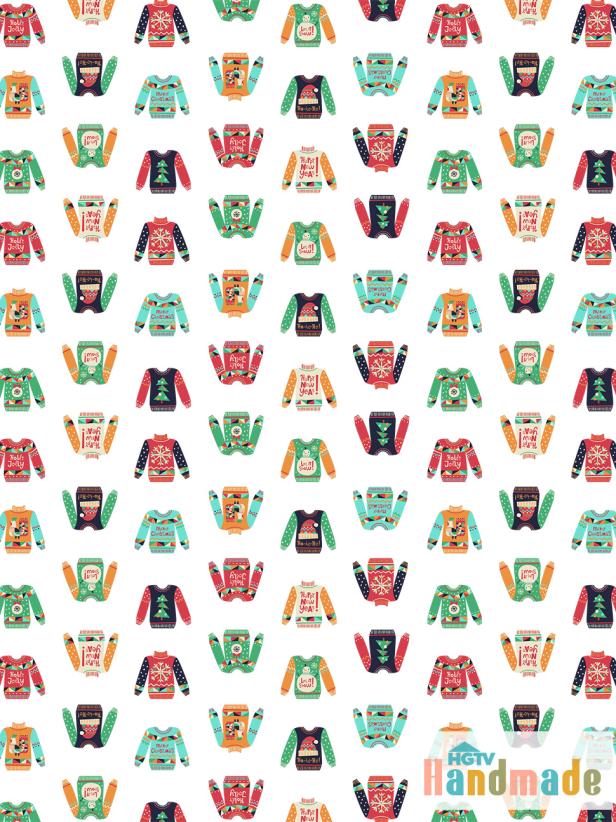 HGTV Handmade's Karen Kavett designed this free, printable wrapping paper featuring a pattern of colorful Christmas sweaters.