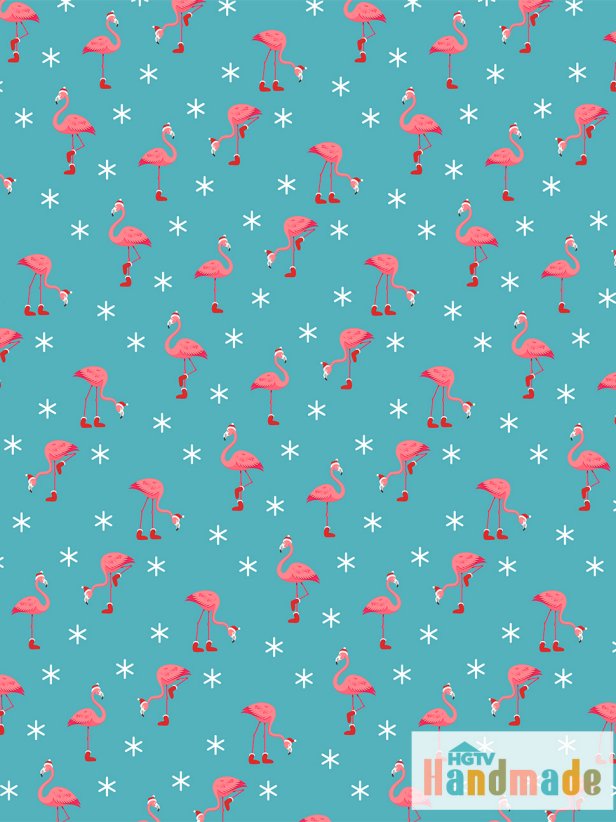 HGTV Handmade's Karen Kavett designed this free, downloadable wrapping paper featuring a repeating pattern of flamingos wearing Santa hats and Christmas stockings, surrounded by snowflakes.