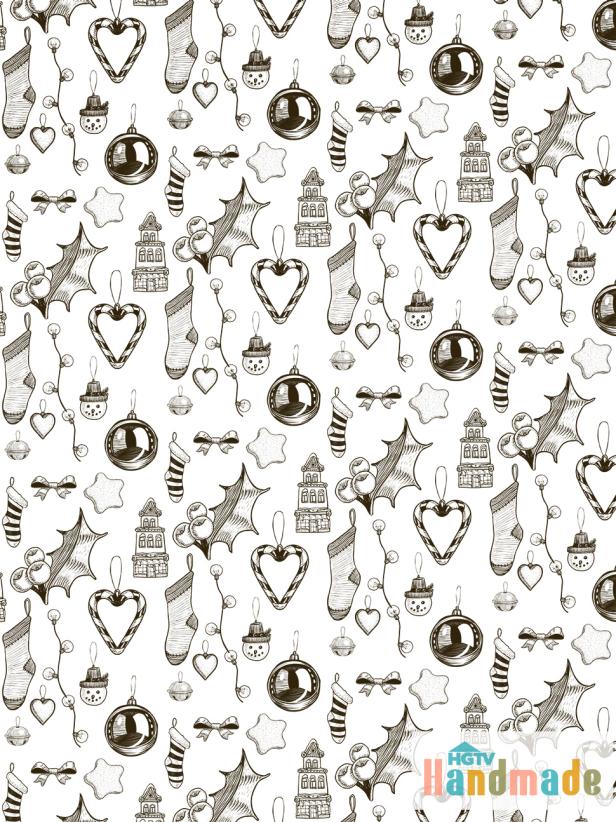 This free, printable wrapping paper features a collection of vintage Christmas doodles in black and white, designed by HGTV Handmade's Karen Kavett.