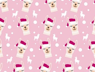 Pattern of llamas wearing Santa hats and pearls on pink background