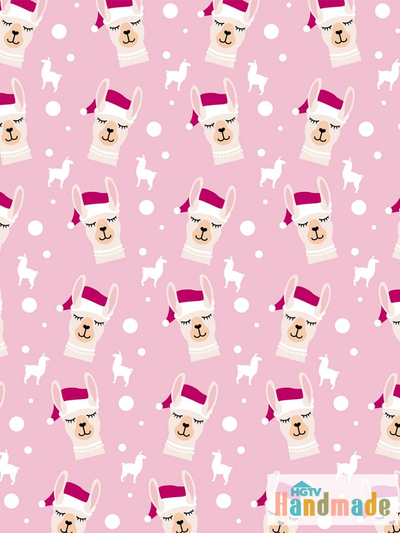 Pattern of llamas wearing Santa hats and pearls on pink background