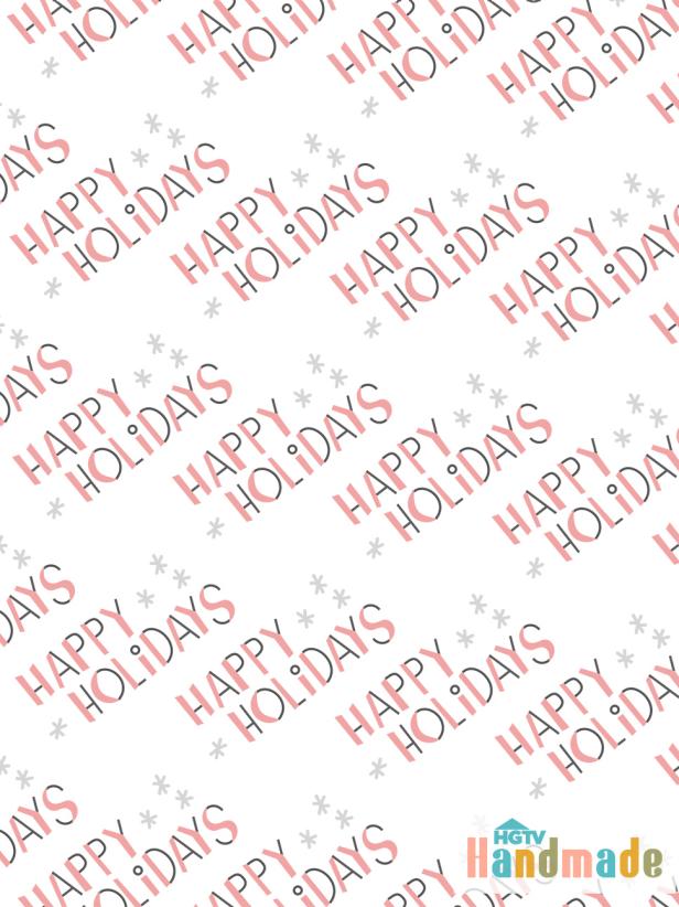 This free, printable wrapping paper features a &quot;Happy Holidays&quot; pattern in red and black with gray snowflakes, designed by HGTV Handmade's Karen Kavett.