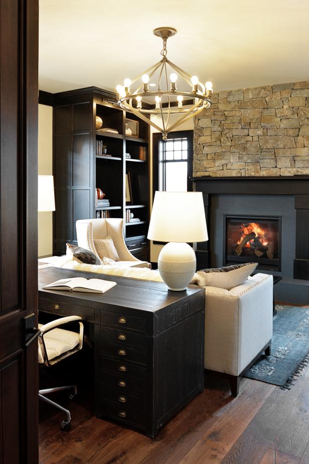 Neutral Study With Stone Fireplace | HGTV