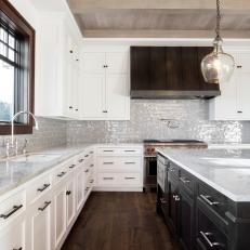 White Transitional Kitchen With Gray Backsplash