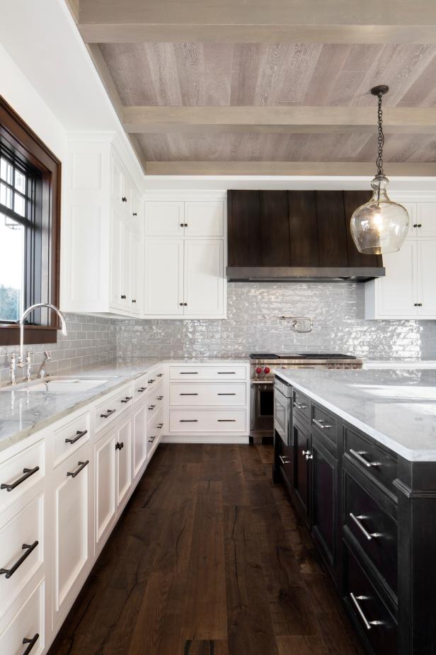 White Transitional Kitchen With Gray Backsplash | HGTV