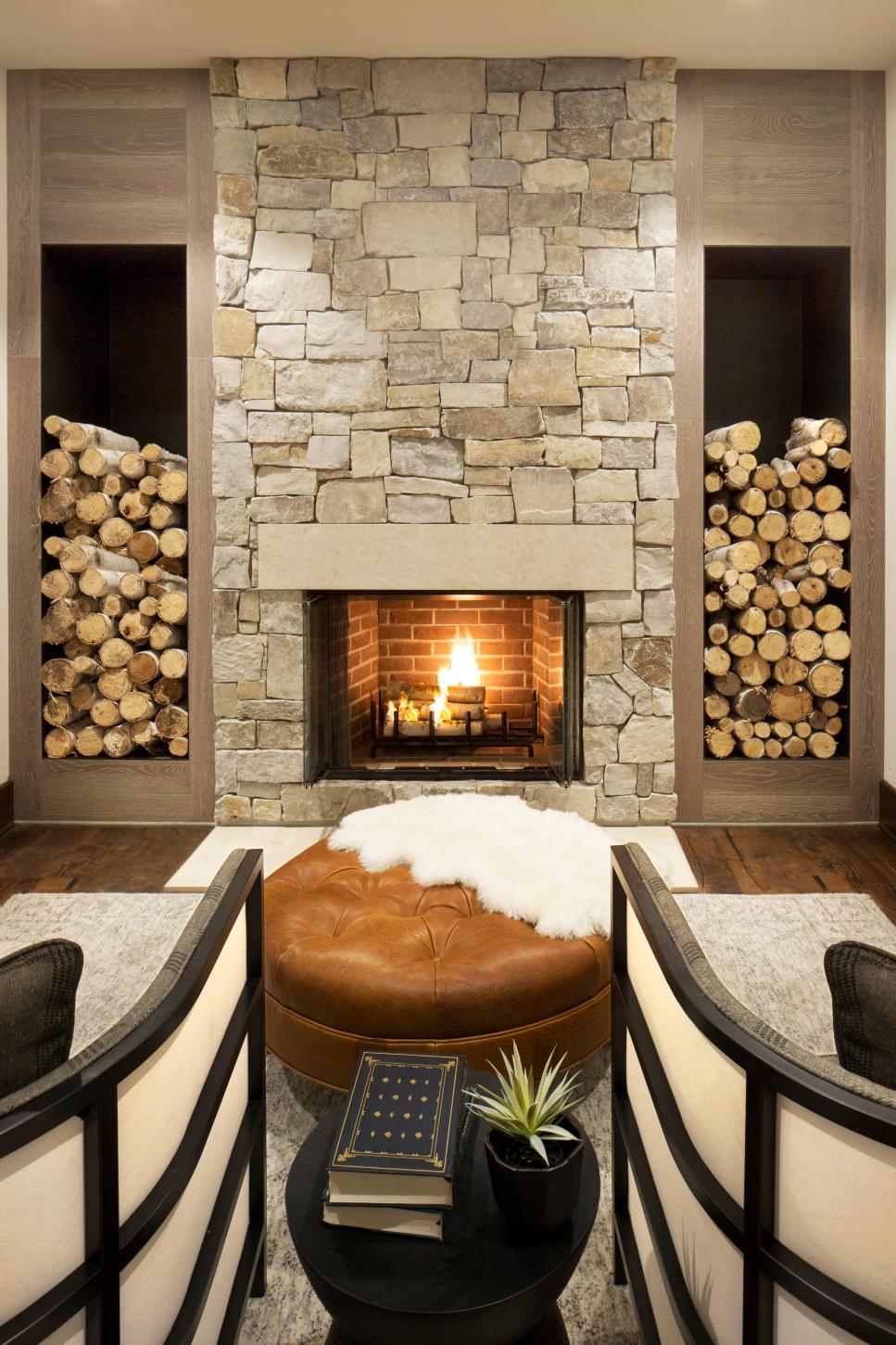 Stone Fireplace and Wood Storage | HGTV