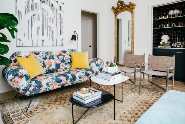 eclectic living room with floral sofa