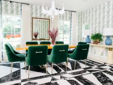 contemporary dining room with velvet chairs