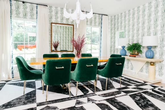 contemporary dining room with velvet chairs