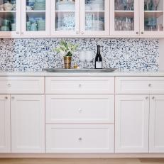 Contemporary Kitchen Includes Cool Blue-and-White Backsplash