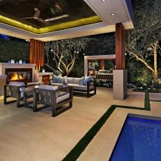 Covered Poolside Patio With Fireplace