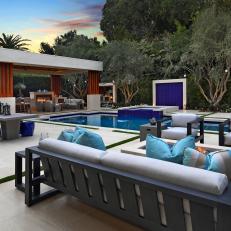 Modern Patio With Blue Stools 