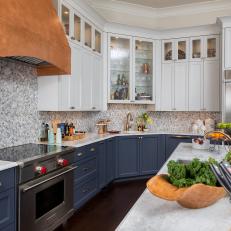 Family Kitchen With Mosaic Backsplash, Copper Range Hood